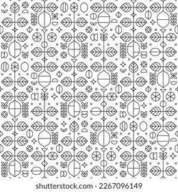 Line art of lemon fruit elements, flowers, leaves and various geometric shapes. Abstract illustration of fresh fruits cut theme. Simple seamless pattern, black outline silhouette on white background.