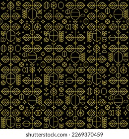 Line art of lemon fruit elements, flowers, leaves and various geometric shapes. Abstract illustration of fresh fruits cut theme. Simple seamless pattern, yellow outline silhouette on black background.
