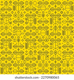 Line art of lemon fruit elements, flowers, leaves and various geometric shapes. Abstract illustration of fresh fruits cut theme. Simple seamless pattern, black outline silhouette on yellow background.