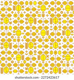 Line art of lemon fruit elements, flowers, leaves and various geometric shapes. Fruits poster abstract illustration. Simple seamless pattern of silhouettes and outlines, on a white background.