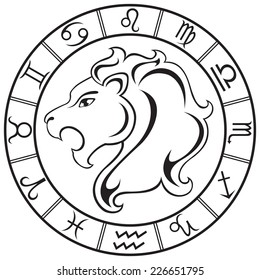 Line art  Leo sign in the round zodiac frame. Vector Illustration  