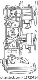 Line art of the letter "E" in the image of steampunk