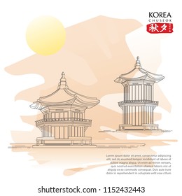 LINE ART LEVEL HOUSE HANOK KOREAN TRADITIONAL HOUSE.THE FOREIGN TEXT IN THE IMAGE MEANS: CHUSEOK , AUTUMN EVE. VECTOR