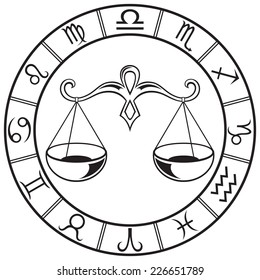 Line art  Libra sign in the round zodiac frame. Vector Illustration  