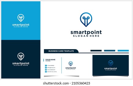 bombilla de arte de línea con concepto de diseño de logotipo de pin de punto y plantilla de tarjeta de negocios