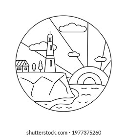 Line art, Lighthouse, Beacon logo icon. Lighthouse stands on rock next to house and trees against background of sun, clouds, and sun rays. Beacon logo design template with water ocean element. Vector
