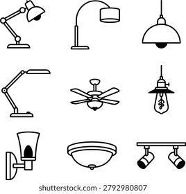 Line art lighting fixtures and ceiling fan on a white background