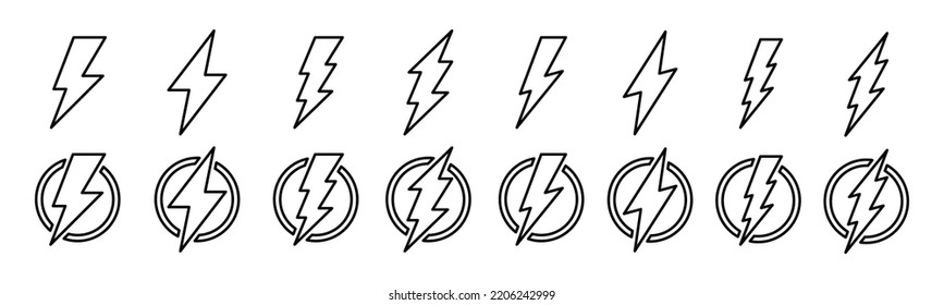 Line art Lightning bolt or thunderbolt for electric current icon vector set. Silhouette flash symbol in the circle illustration