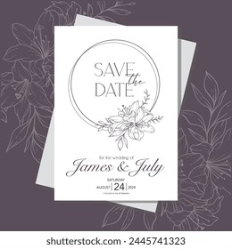 Line Art Lily Flower  Wedding Invitation template,  Outline Lily Minimalist Wedding Stationery 