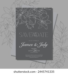 Line Art Lily Flower  Wedding Invitation template,  Outline Lily Minimalist Wedding Stationery 