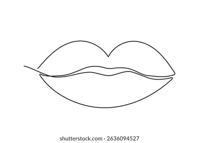 Line Art Lips Contour Illustration. Modern One Continuous Thin Stroke Sketch Drawing. Curved Wavy Outline Silhouette	
