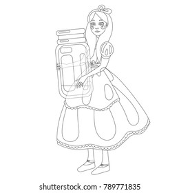 Line art. Little Alice in Wonderland with big bottle. Outline. Vector illustration.