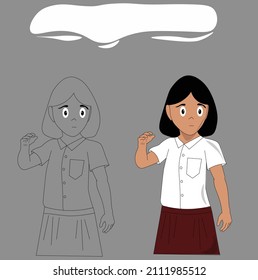 LINE ART OF A LITTLE KIDS WITH WHITE SHIRT AND red short dress children in black hair