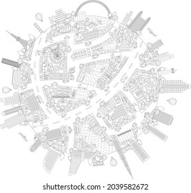 Line art of the lively cityscape of the earth