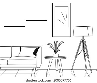 line art living room interior design with sofa, flower vase and decorative lights and glass decoration on the wall