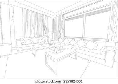 line art living room vector illustration