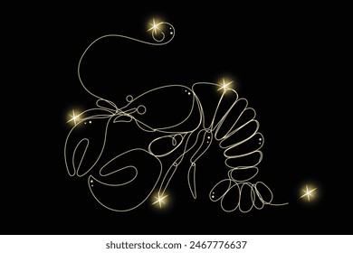 Line Art Lobster Animal with Gold Glitter Stars. Luxury Rich Glamour Invitation Card Template. Crawfish Isolated on Black. Shine Gold Light Texture Effect. Glowing Blink Star Symbol Element Gift.	
