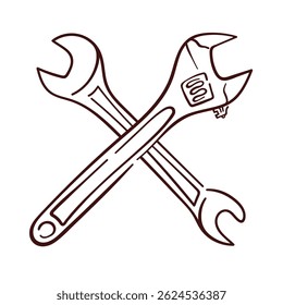 Line art logo of a crossed wrench tools repair and maintenance. Perfect for construction, support, service and engineering business design.