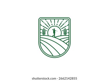 Um logotipo de arte em linha representando um agricultor caminhando por campos com um nascer do sol e caules de trigo no fundo, fechados em uma forma de escudo. Ideal para marcas de agricultura e alimentos