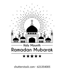 Line art Logo design for Holy Month Ramadan Kareem with mosque against the sun. Greeting lettering Ramadan Mubarak