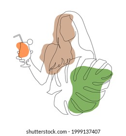 Line art logo design. Portrait woman wich a cocktail. Summer art. Beauty outline model