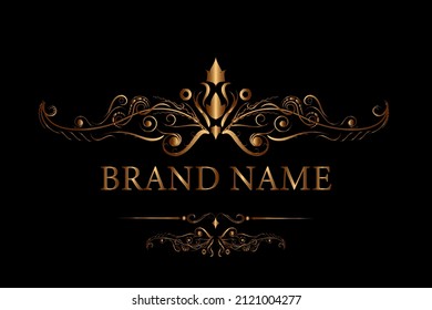 Line art logo, gold color, space for name, black background.