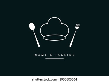 Line Art Logo Symbol des Chef Hat mit Löffel und Gabel. Minimales Chefkoch-Logo