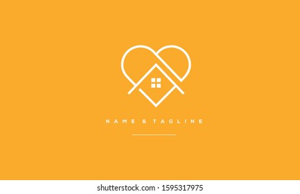 Line art logo icon of a heart with a house inside it 
