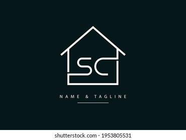 A line art logo icon of home or house with alphabet letter SC or CS