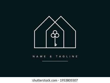 Line art logo icon of house or home with key icon