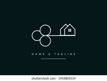 A line art logo icon of key and House