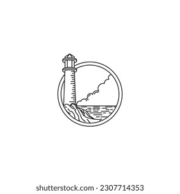 line art logo illustration.
lighthouse on the coast cloudy sky.
monoline design isolated on circle in white background.