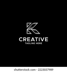 Line art logo of K letter. Unique and abstract logo design of K letter with strips wood texture. Black and white K logo, Illustration vector design.