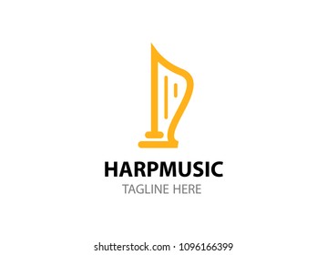 Line art logo template for folk music store, community, conference, concert in EPS 10. Golden harp isolated on white.