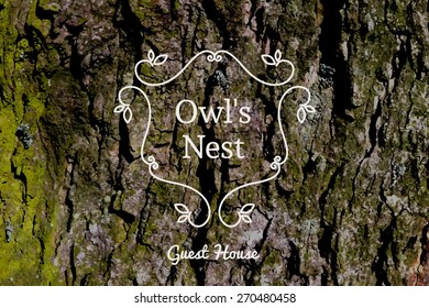 Line art logo template for guest house. Vector monogram symbol on natural wood background