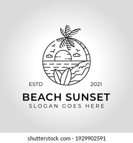 line art logos of Beach sunset, summer vibes vacation logo mono line illustration