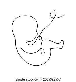 Line art logotype. Baby in the womb with the umbilical cord. Stylish logo for a prenatal or reproductive clinic, pregnancy brochure, surrogacy agency. Round frame, elegant icon. Vector illustration