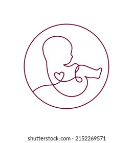 Line art logotype. Baby in the womb with umbilical cord and heart. Stylish logo for a prenatal or reproductive clinic, pregnancy brochure, surrogacy agency. 