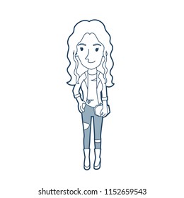 The line art of a long wavy hair woman wearing a ripped t-shirt with a coat on top, ripped jeans and boots holding a purse.
