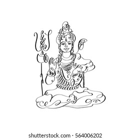 line art Lord Shiva black and white calligraphic drawing to Maha Shivaratri indian holiday design, vector illustration