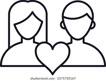 Line art love heart element representing people relationships, friends, family, romantic heart signs, vector isolated icon set showing a couple sharing love and kindness