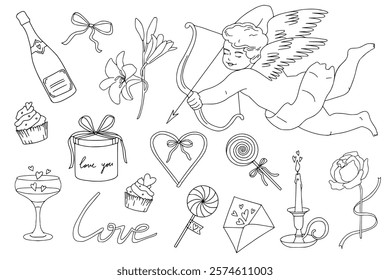 Line art Love themed illustrations set: cupid, cherub, bows, ribbon, gifts,  angel, hearts, sweets, flowers. Cute coquette aesthetic. Valentine's Day, wedding, romantic design. Vector linear elements