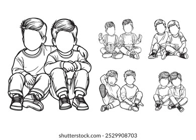 Line Art Love Twin Child Cute Brother Chibi Pose Art Black and White Illustration Hand Drawn Clipart