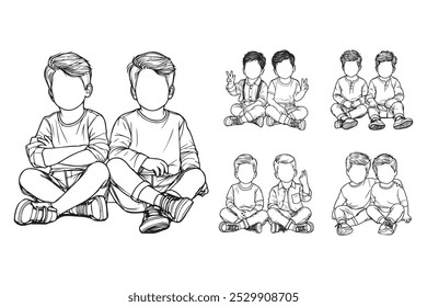 Line Art Love Twin Child Cute Brother Chibi Pose Art Black and White Illustration Hand Drawn Clipart