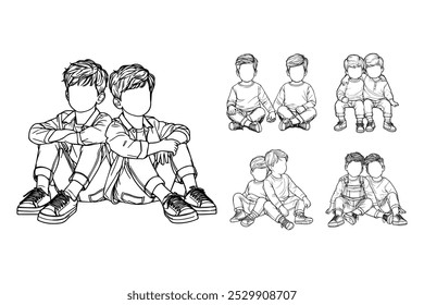 Line Art Love Twin Child Cute Brother Chibi Pose Art Black and White Illustration Hand Drawn Clipart