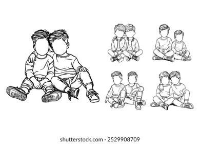 Line Art Love Twin Child Cute Brother Chibi Pose Art Black and White Illustration Hand Drawn Clipart