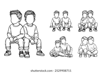 Line Art Love Twin Child Cute Brother Chibi Pose Art Black and White Illustration Hand Drawn Clipart