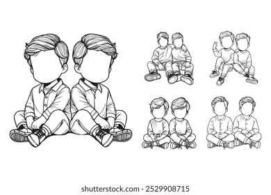 Line Art Love Twin Child Cute Brother Chibi Pose Art Black and White Illustration Hand Drawn Clipart