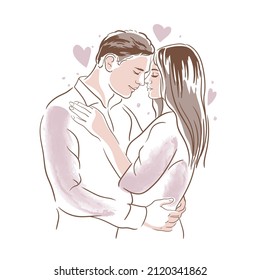 Arte de línea Amante pareja hermosa. Recién casados. Groom y el abrazo de novia. Matrimonio, invitación, corazones rosados.  Ilustración. Plantilla. Emblemas y etiquetas, para diseño de mascota o logotipo. Día de San Valentín