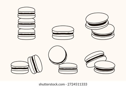 Paquete de Ilustración vectorial de macaron de arte de línea con estilo de contorno mínimo para panadería, menú de café y diseño de alimentos